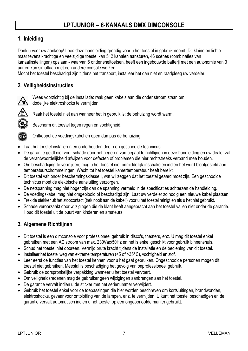 Lptjunior – 6-kanaals dmx dimconsole | Velleman LPTJUNIOR User Manual | Page 7 / 33