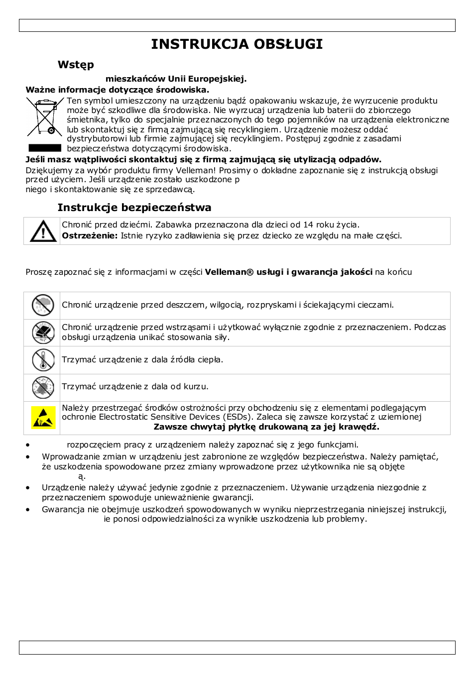 Instrukcja obsługi, Wstęp, Instrukcje bezpieczeństwa | Informacje ogólne | Velleman KSR10_USB USER MANUAL User Manual | Page 14 / 19