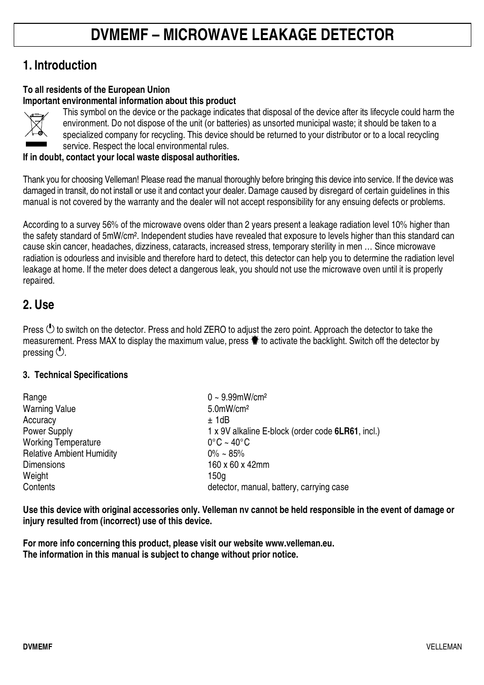 Dvmemf – microwave leakage detector, Introduction | Velleman DVMEMF User Manual | Page 3 / 7