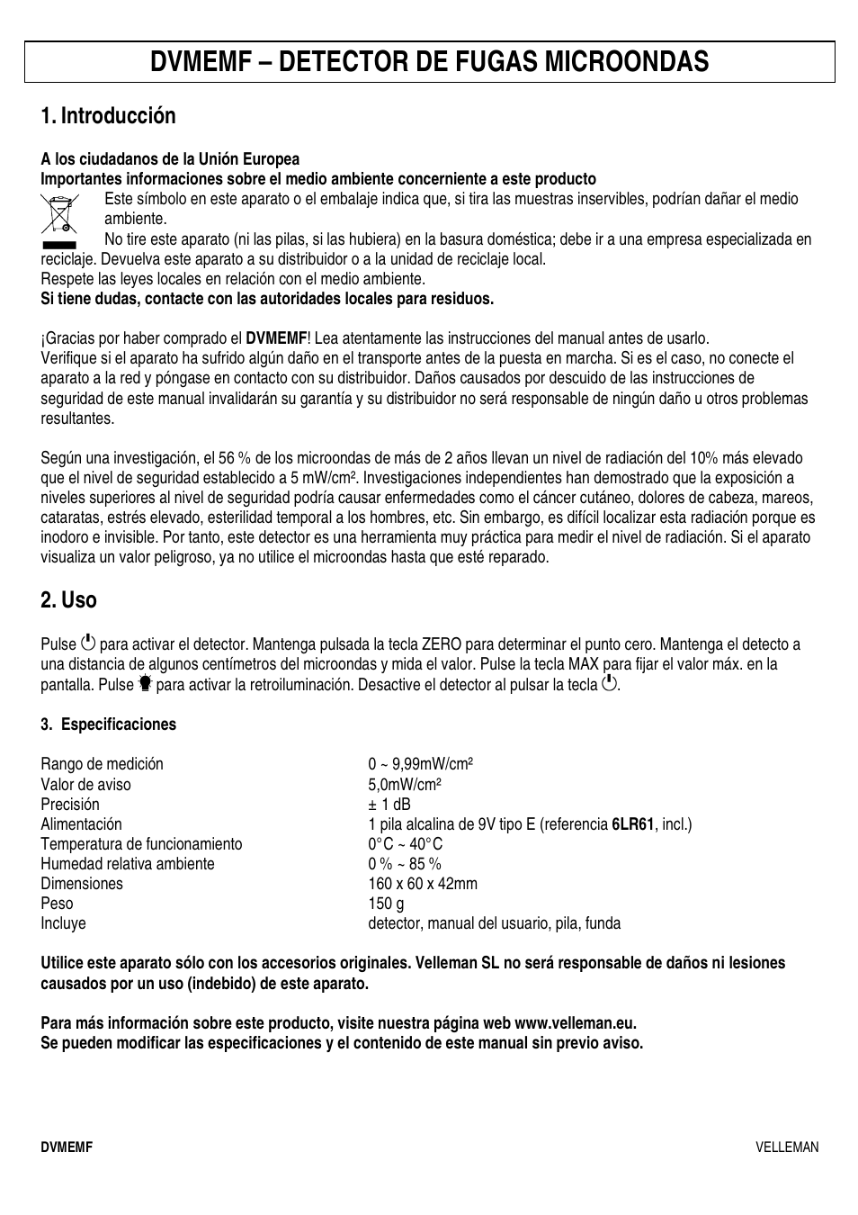 Dvmemf – detector de fugas microondas, Introducción | Velleman DVMEMF User Manual | Page 6 / 7