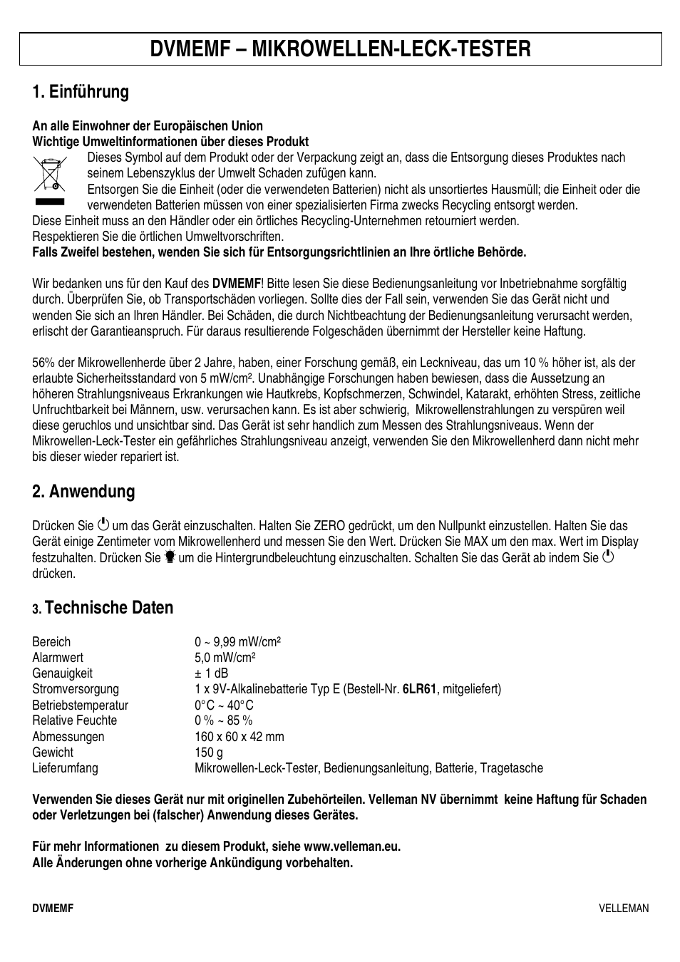 Dvmemf – mikrowellen-leck-tester, Einführung, Anwendung | Technische daten | Velleman DVMEMF User Manual | Page 7 / 7