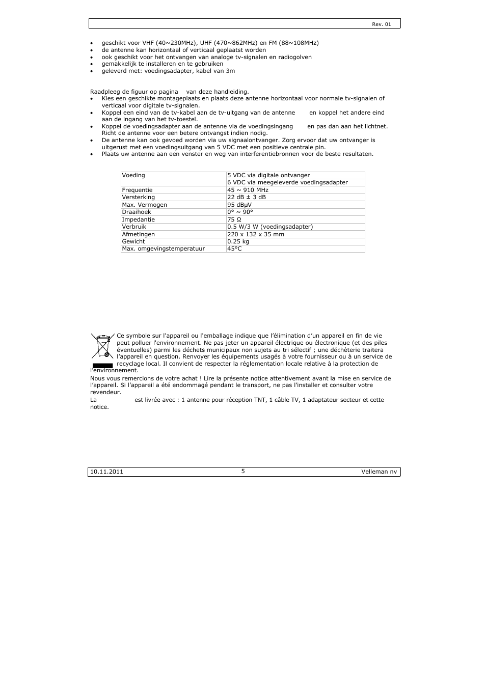 Notice d'emploi, Notice d, Emploi | Velleman ANTDVBT5 User Manual | Page 5 / 11