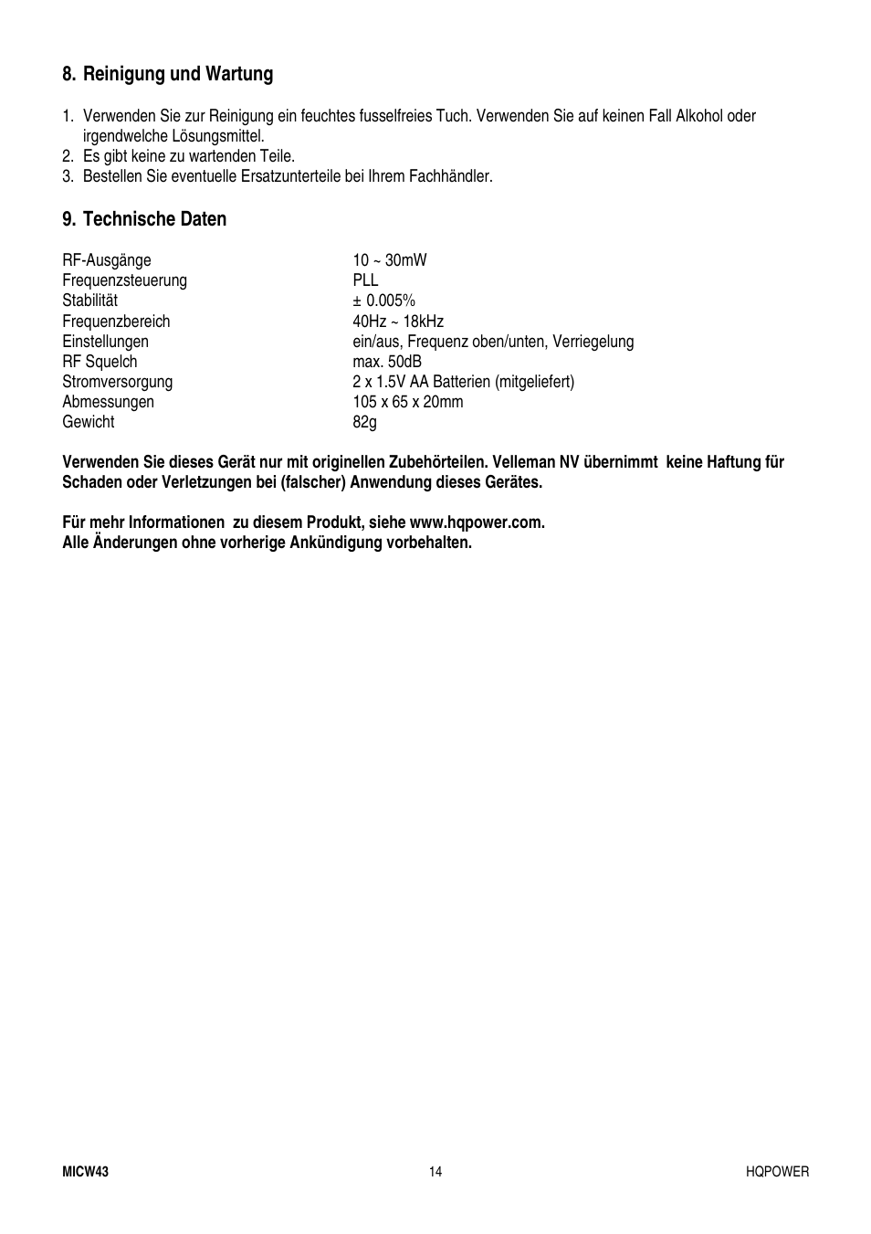 Velleman MICW43 User Manual | Page 14 / 16