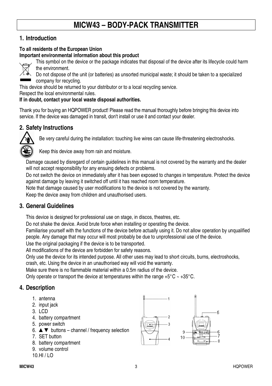 Micw43 – body-pack transmitter, Introduction, Safety instructions | General guidelines, Description | Velleman MICW43 User Manual | Page 3 / 16