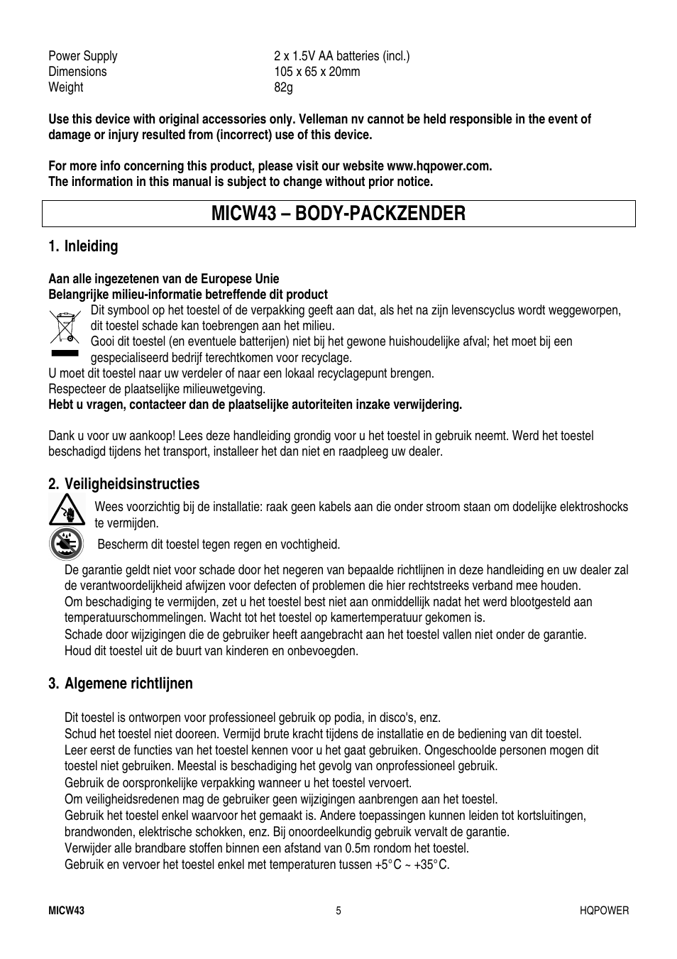 Micw43 – body-packzender | Velleman MICW43 User Manual | Page 5 / 16
