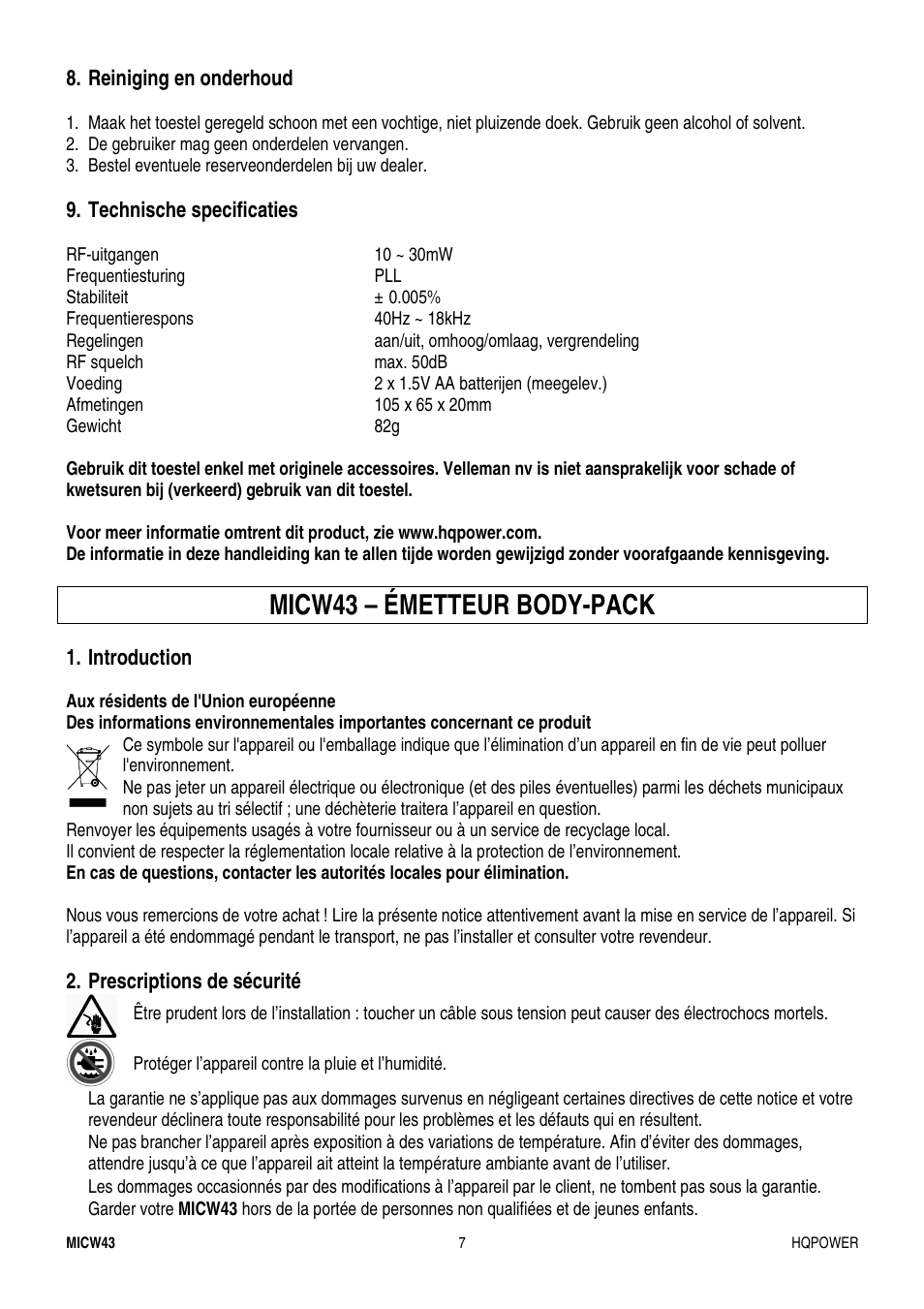 Micw43 – émetteur body-pack | Velleman MICW43 User Manual | Page 7 / 16