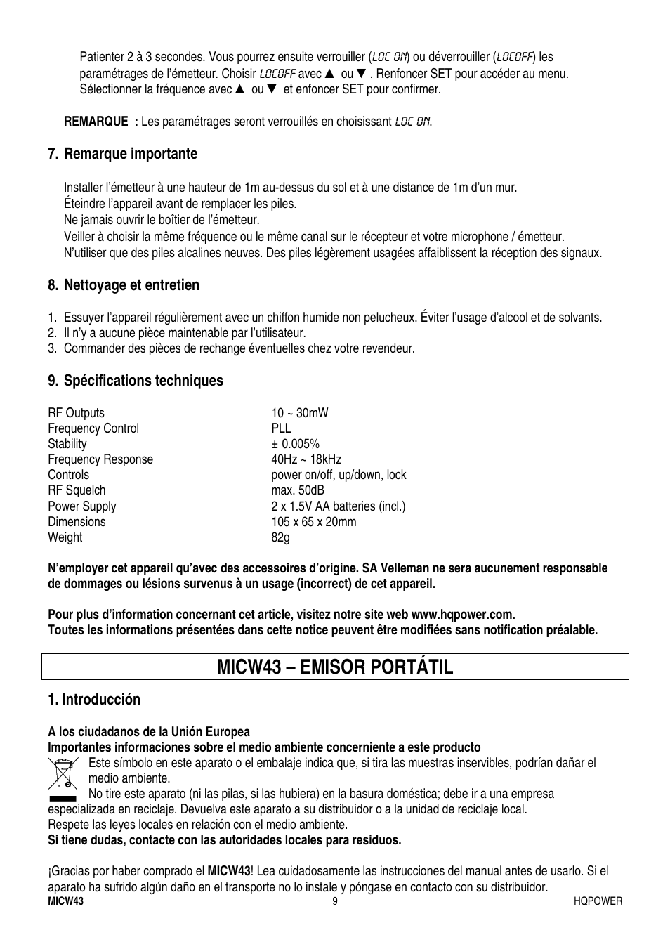 Micw43 – emisor portátil | Velleman MICW43 User Manual | Page 9 / 16