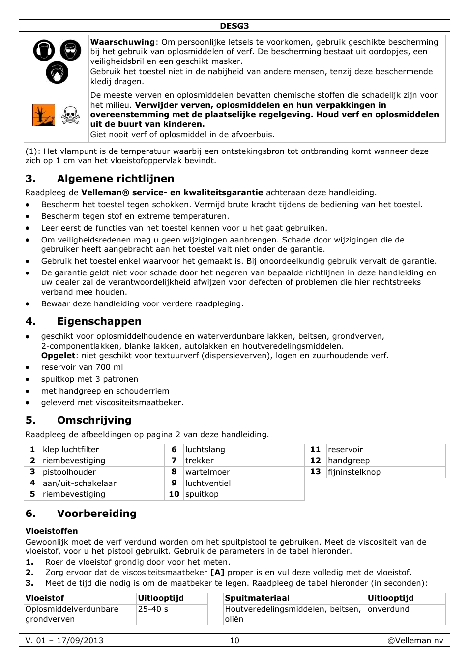 Algemene richtlijnen, Eigenschappen, Omschrijving | Voorbereiding, Vloeistoffen | Velleman DESG3 User Manual | Page 10 / 35