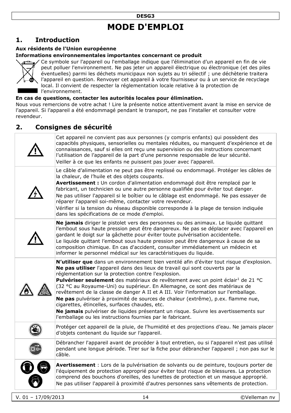 Mode d'emploi, Introduction, Consignes de sécurité | Velleman DESG3 User Manual | Page 14 / 35