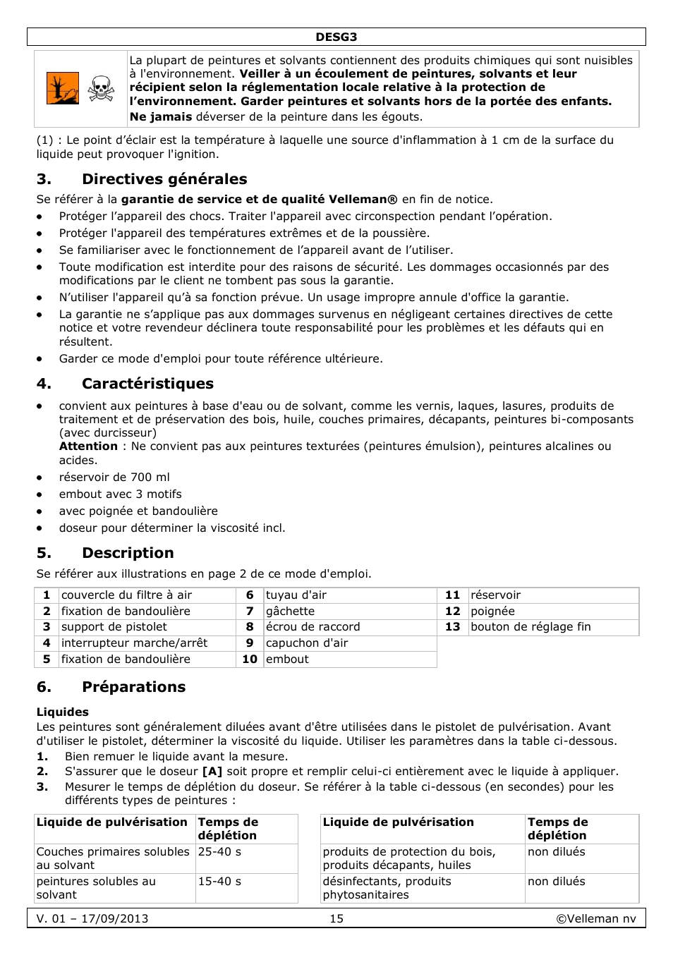 Directives générales, Caractéristiques, Description | Préparations, Liquides | Velleman DESG3 User Manual | Page 15 / 35