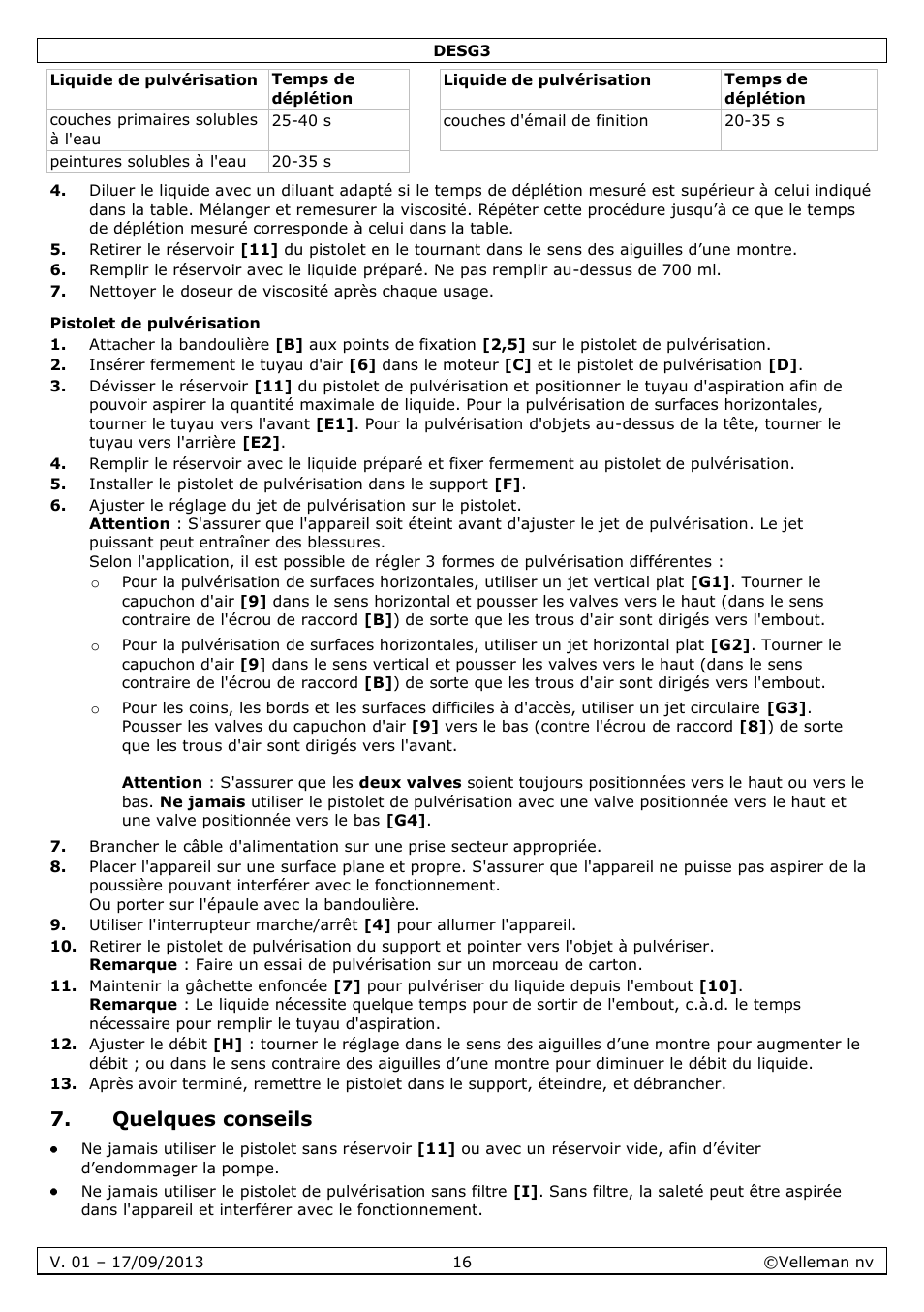 Pistolet de pulvérisation, Quelques conseils | Velleman DESG3 User Manual | Page 16 / 35