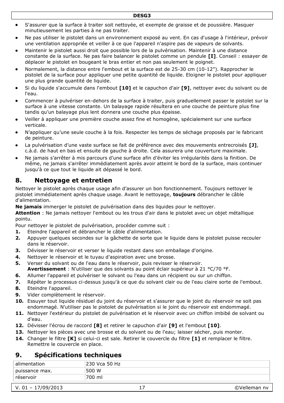 Nettoyage et entretien, Spécifications techniques | Velleman DESG3 User Manual | Page 17 / 35
