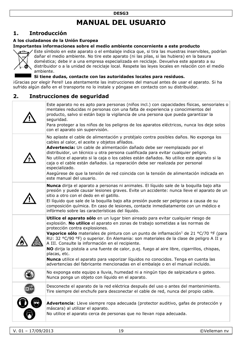 Manual del usuario, Introducción, Instrucciones de seguridad | Velleman DESG3 User Manual | Page 19 / 35