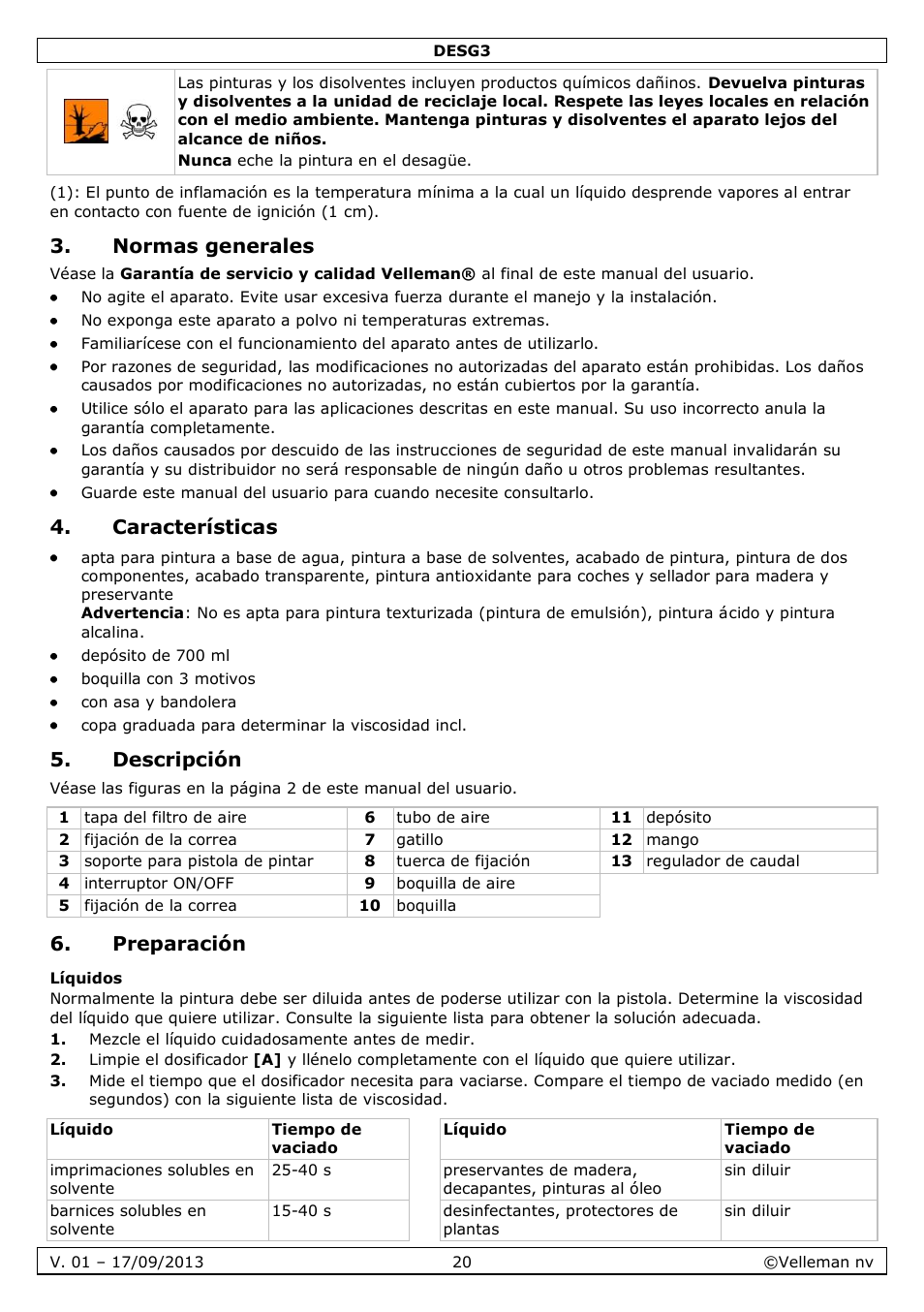 Normas generales, Características, Descripción | Preparación, Líquidos | Velleman DESG3 User Manual | Page 20 / 35