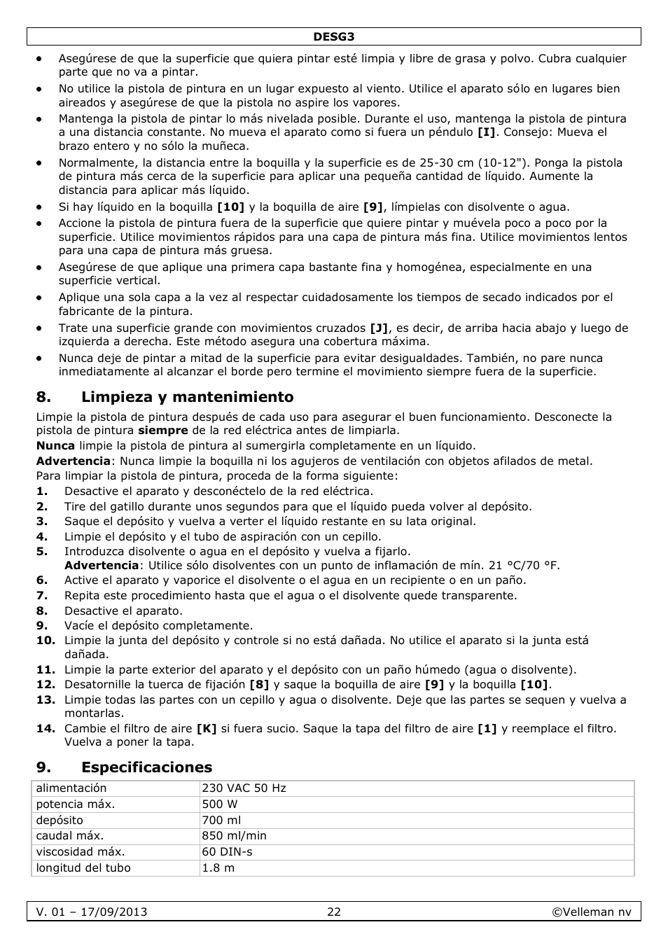 Limpieza y mantenimiento, Especificaciones | Velleman DESG3 User Manual | Page 22 / 35