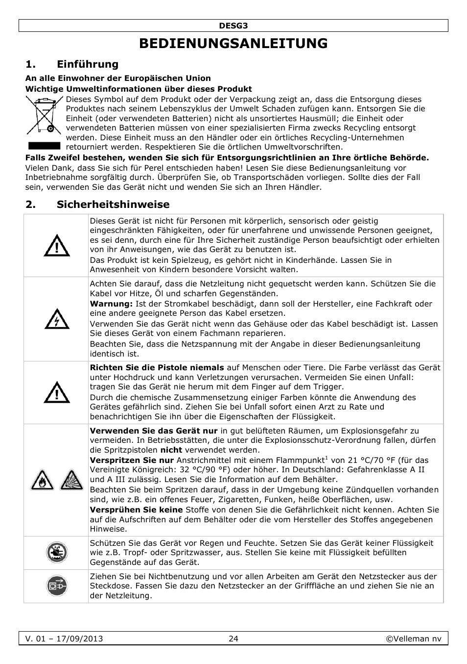 Bedienungsanleitung, Einführung, Sicherheitshinweise | Velleman DESG3 User Manual | Page 24 / 35