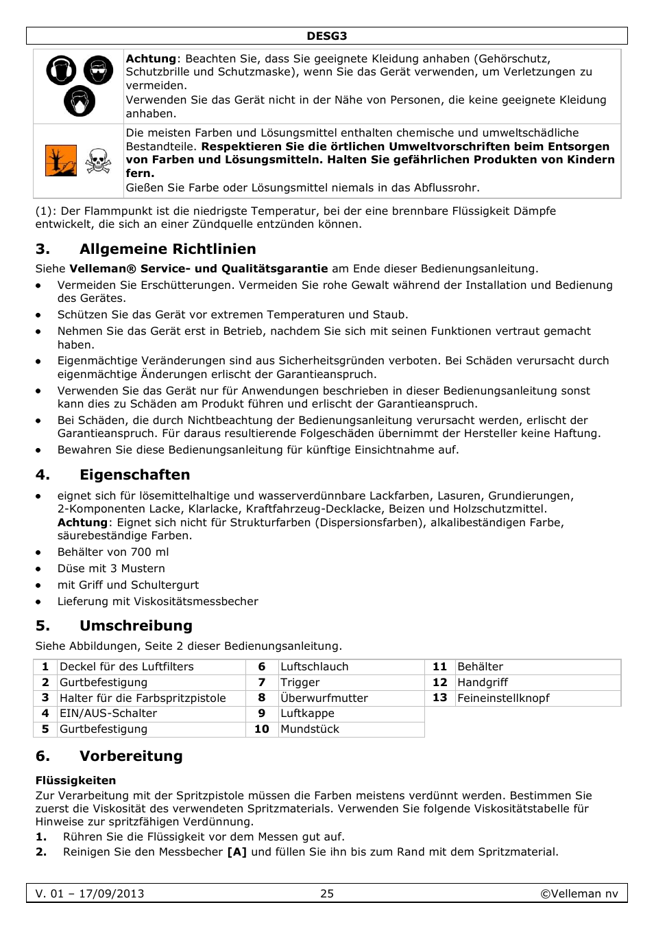 Allgemeine richtlinien, Eigenschaften, Umschreibung | Vorbereitung, Flüssigkeiten | Velleman DESG3 User Manual | Page 25 / 35