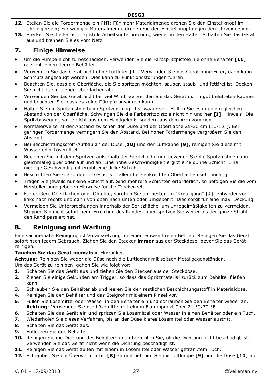 Einige hinweise, Reinigung und wartung | Velleman DESG3 User Manual | Page 27 / 35