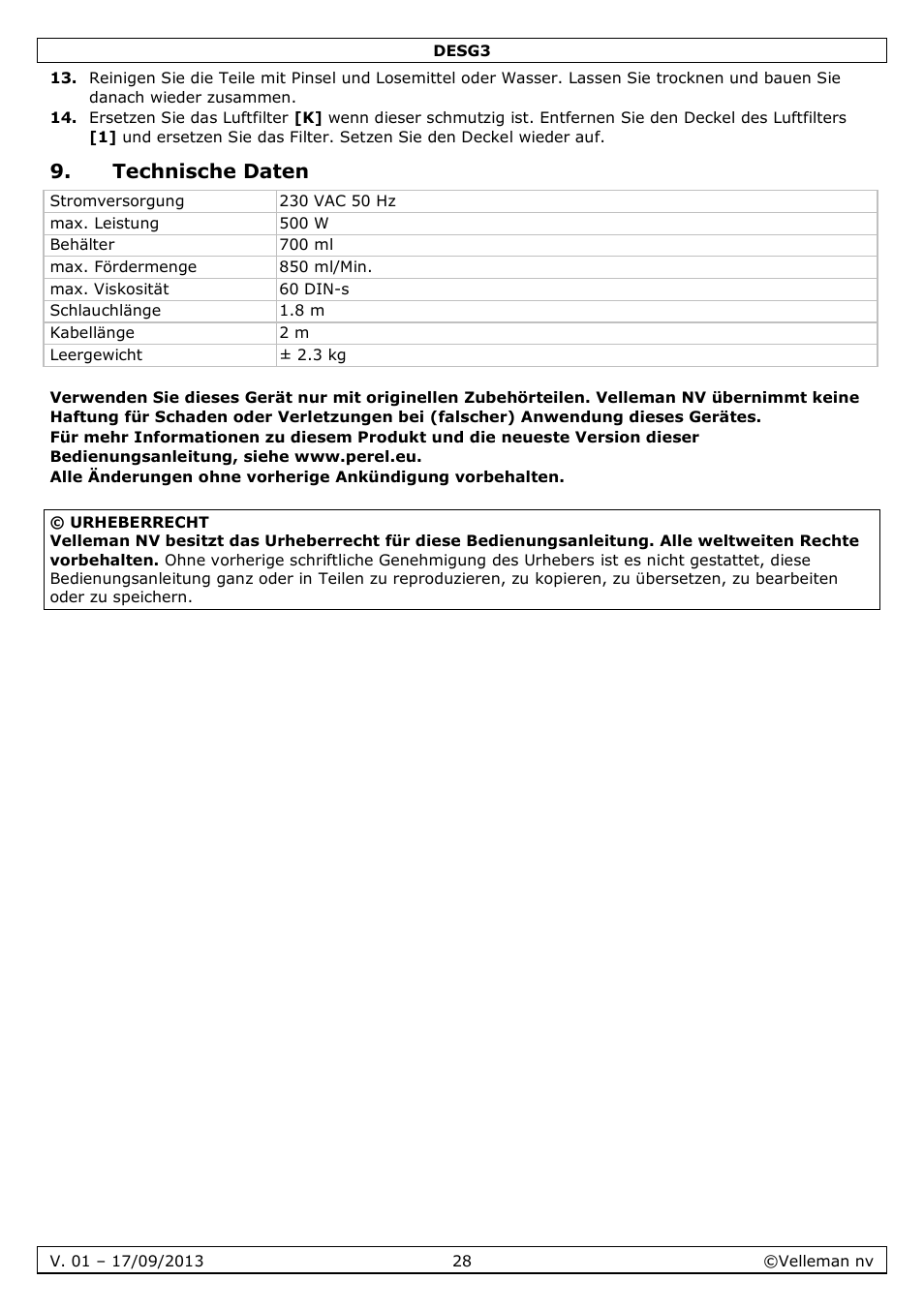 Technische daten | Velleman DESG3 User Manual | Page 28 / 35