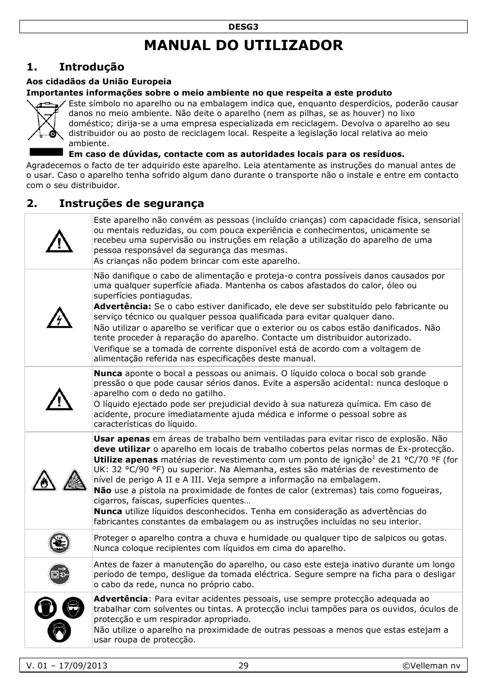 Manual do utilizador, Introdução, Instruções de segurança | Velleman DESG3 User Manual | Page 29 / 35