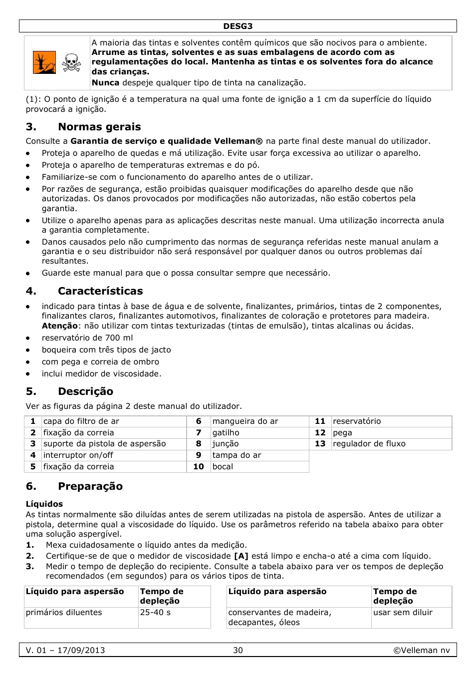 Normas gerais, Características, Descrição | Preparação, Líquidos | Velleman DESG3 User Manual | Page 30 / 35