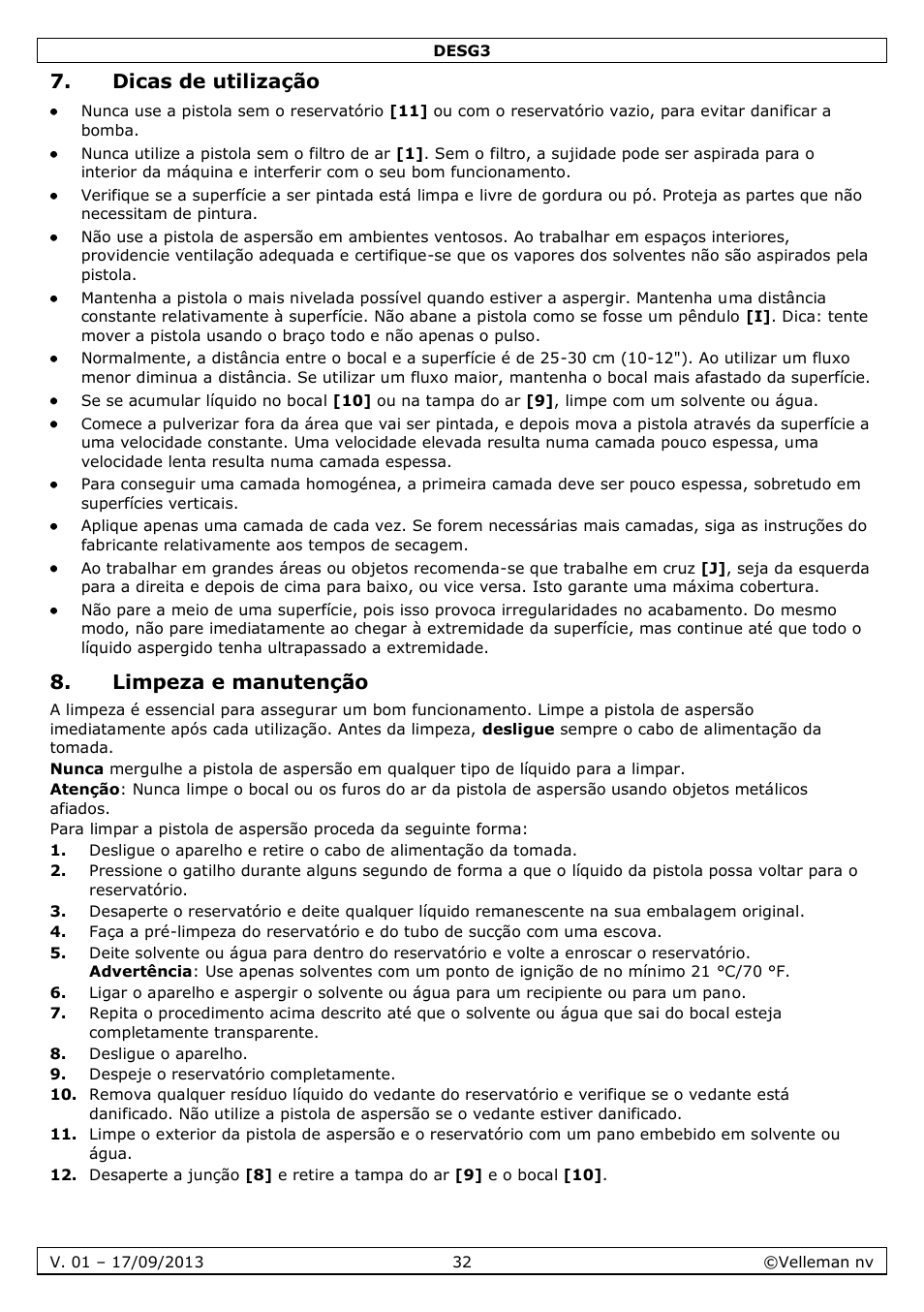 Dicas de utilização, Limpeza e manutenção | Velleman DESG3 User Manual | Page 32 / 35