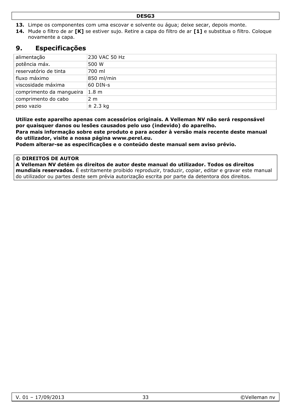 Especificações | Velleman DESG3 User Manual | Page 33 / 35