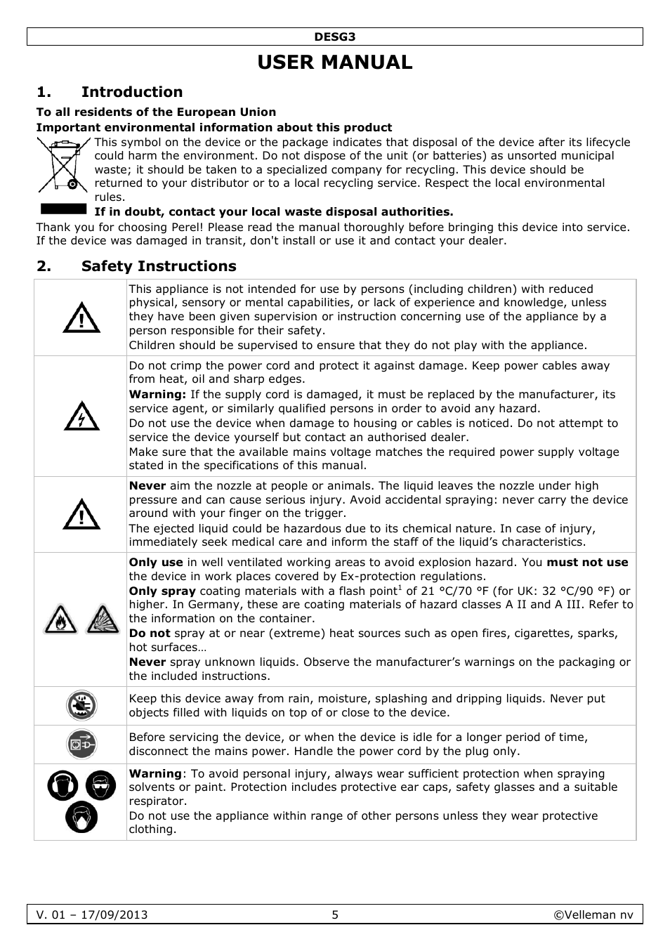 User manual, Introduction, Safety instructions | Velleman DESG3 User Manual | Page 5 / 35