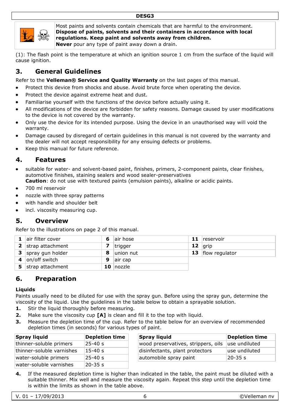 General guidelines, Features, Overview | Preparation, Liquids | Velleman DESG3 User Manual | Page 6 / 35