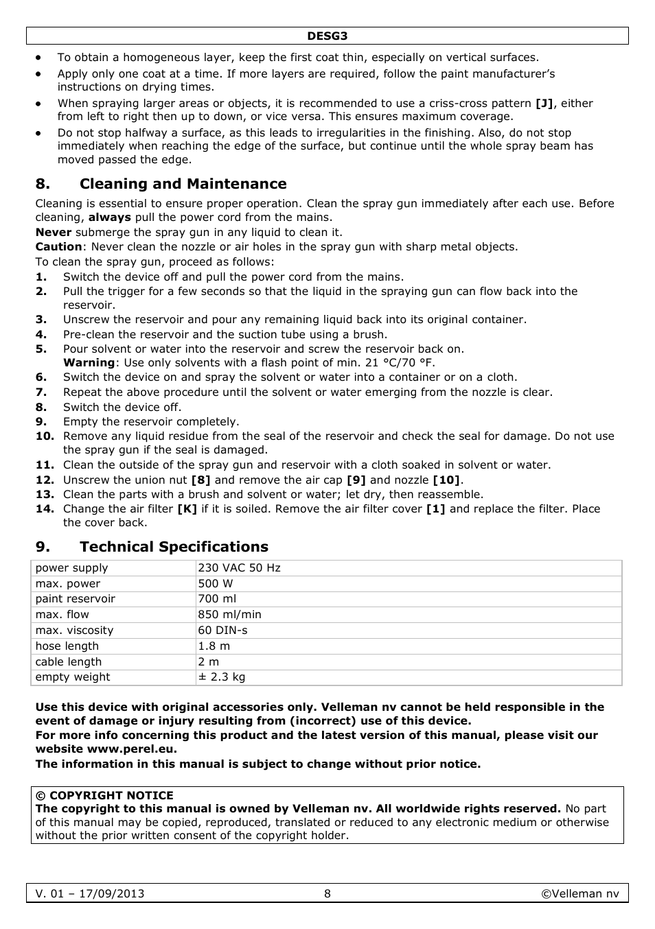 Cleaning and maintenance, Technical specifications | Velleman DESG3 User Manual | Page 8 / 35