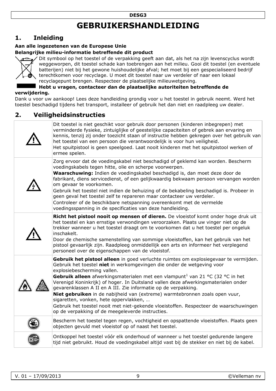 Gebruikershandleiding, Inleiding, Veiligheidsinstructies | Velleman DESG3 User Manual | Page 9 / 35