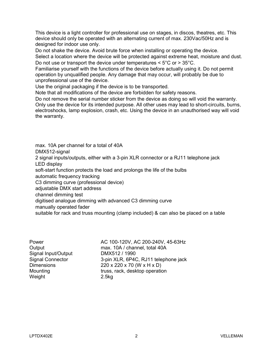 Velleman LPTDX402E User Manual | Page 2 / 22