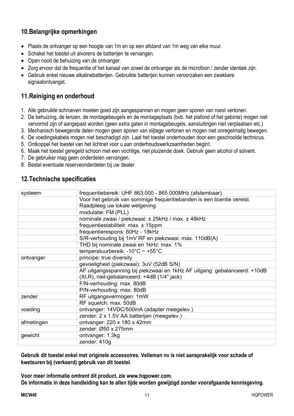 Belangrijke opmerkingen, Reiniging en onderhoud, Technische specificaties | Velleman MICW40 User Manual | Page 11 / 30