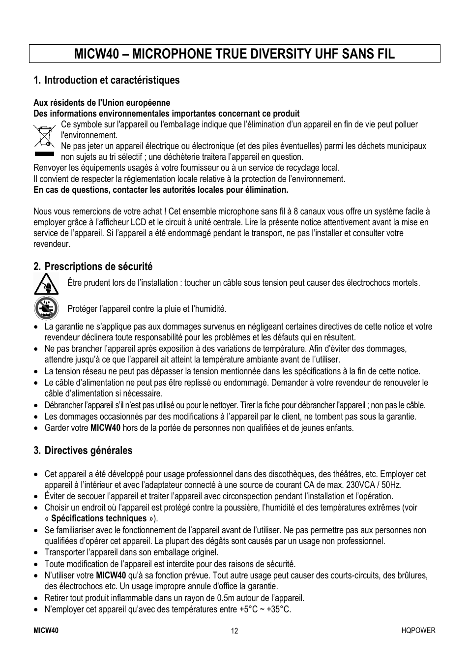 Micw40 – microphone true diversity uhf sans fil | Velleman MICW40 User Manual | Page 12 / 30