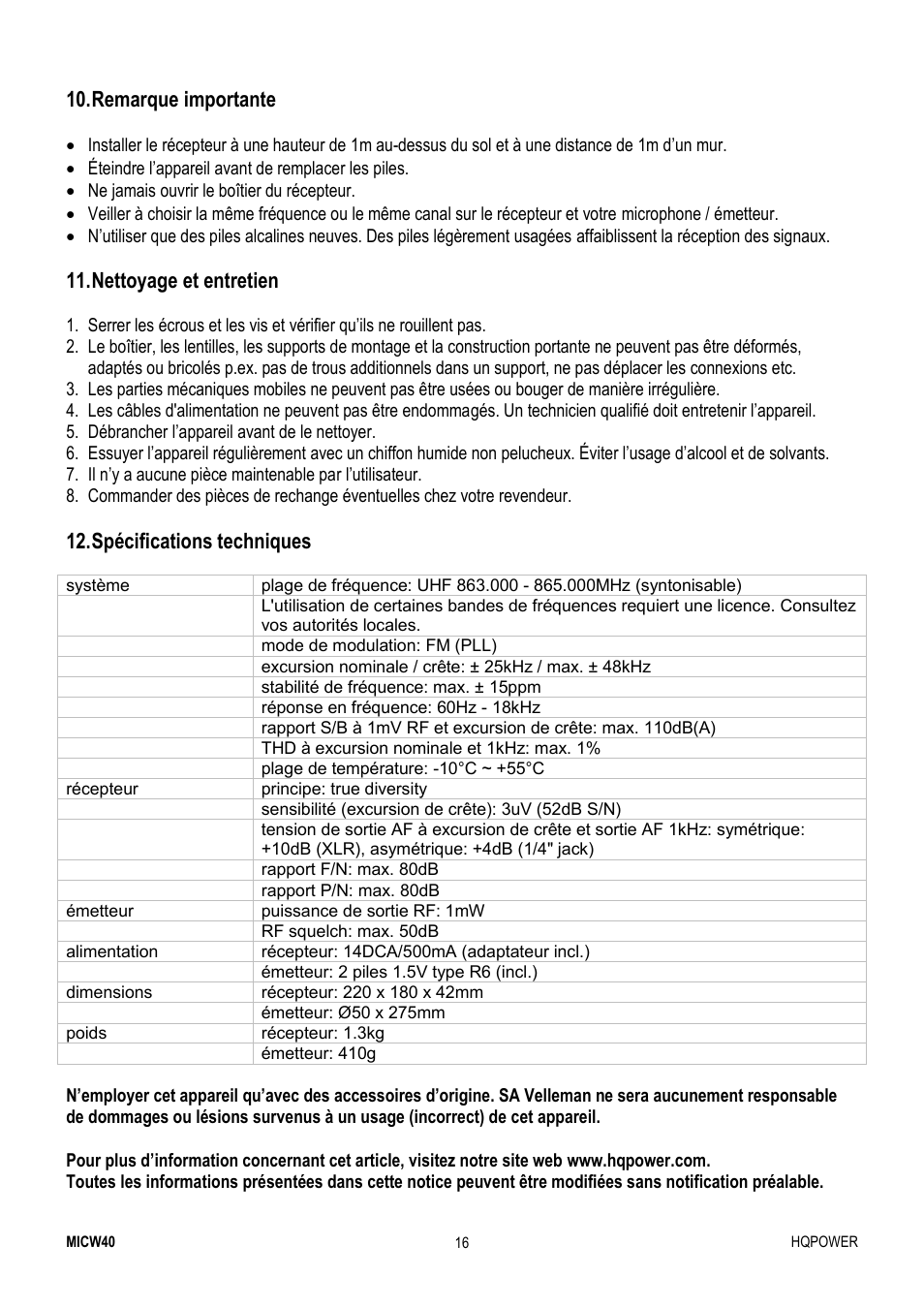 Remarque importante, Nettoyage et entretien, Spécifications techniques | Velleman MICW40 User Manual | Page 16 / 30