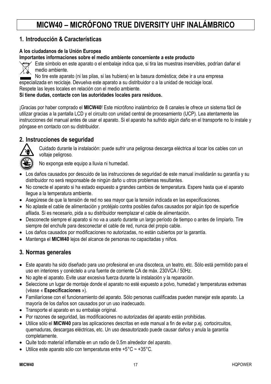 Micw40 – micrófono true diversity uhf inalámbrico | Velleman MICW40 User Manual | Page 17 / 30