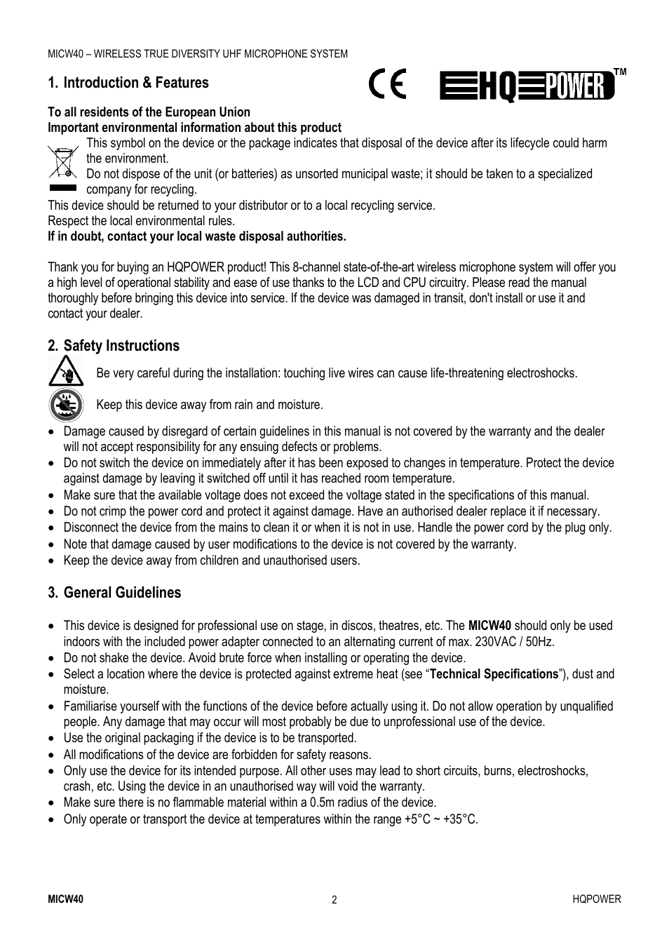 Introduction & features, Safety instructions, General guidelines | Velleman MICW40 User Manual | Page 2 / 30
