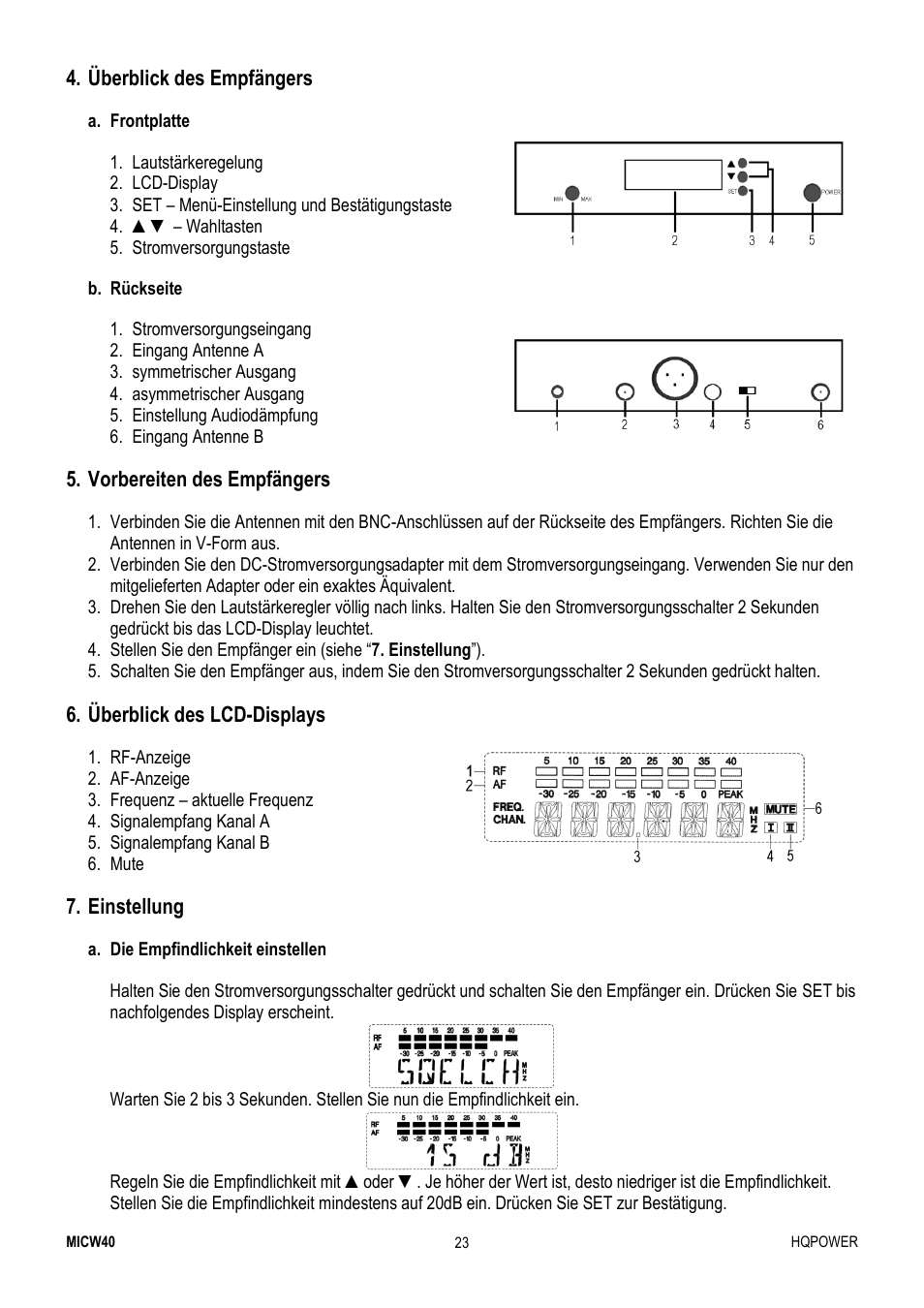 Überblick des empfängers, Vorbereiten des empfängers, Überblick des lcd-displays | Einstellung | Velleman MICW40 User Manual | Page 23 / 30