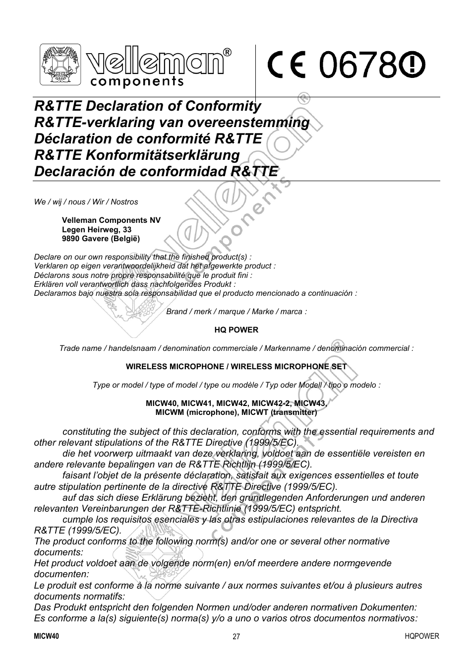 Velleman MICW40 User Manual | Page 27 / 30