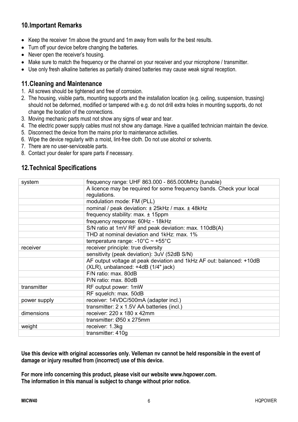 Important remarks, Cleaning and maintenance, Technical specifications | Velleman MICW40 User Manual | Page 6 / 30