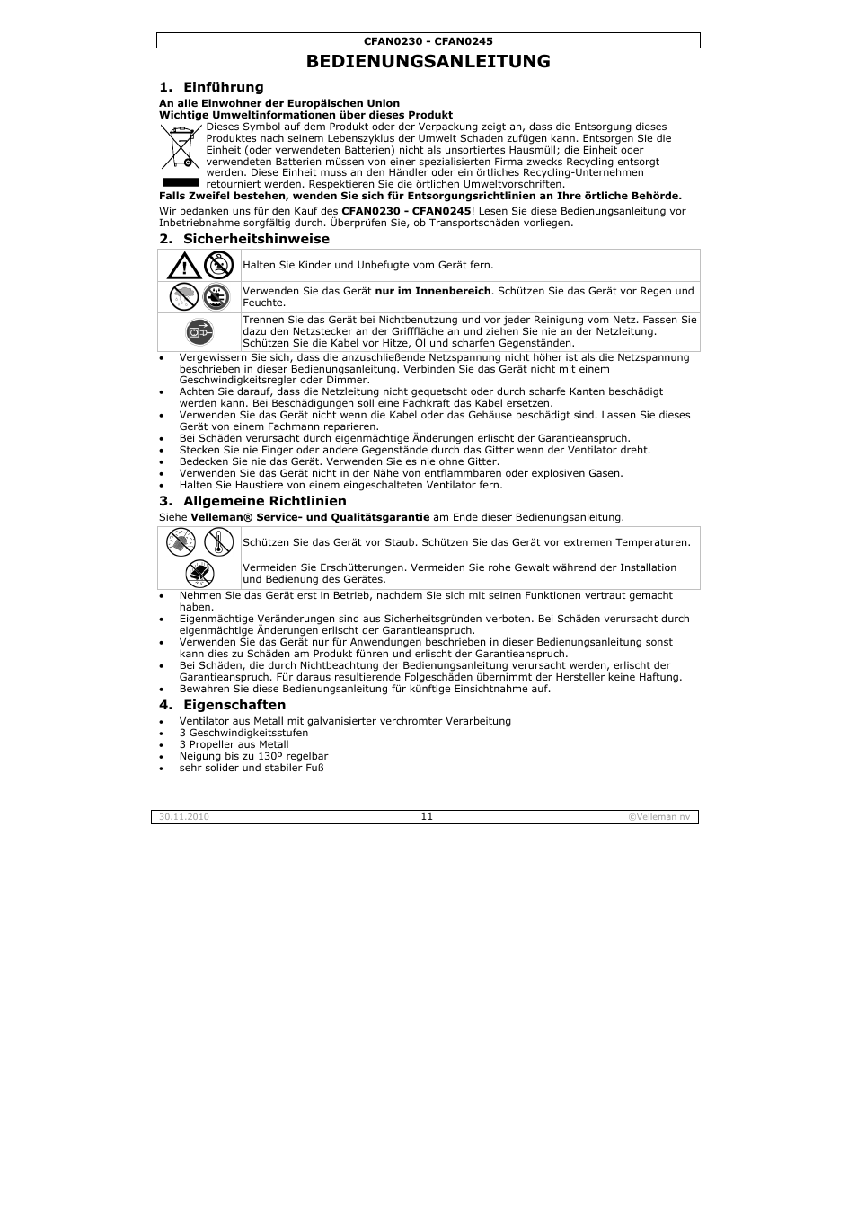 Bedie, Enungs, Anleitu | Velleman CFAN0230 User Manual | Page 11 / 16