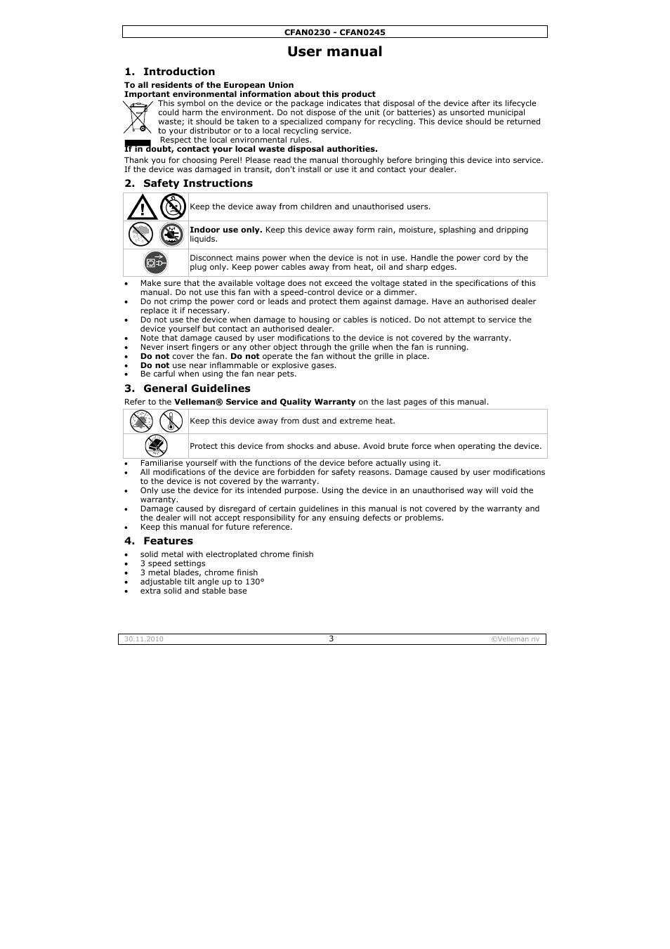 User m, Anual | Velleman CFAN0230 User Manual | Page 3 / 16