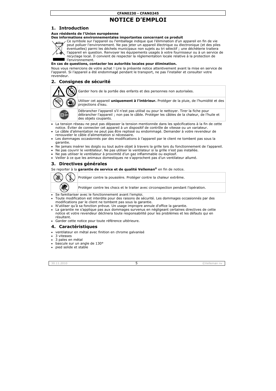 Otice d, Emploi | Velleman CFAN0230 User Manual | Page 5 / 16
