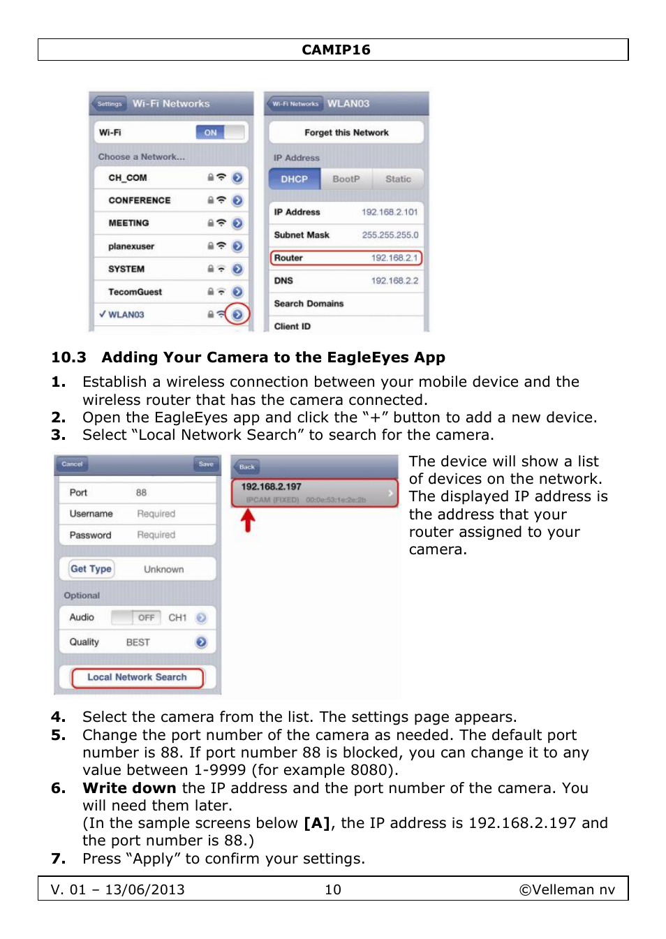 3 adding your camera to the eagleeyes app | Velleman CAMIP16 User manual User Manual | Page 10 / 60