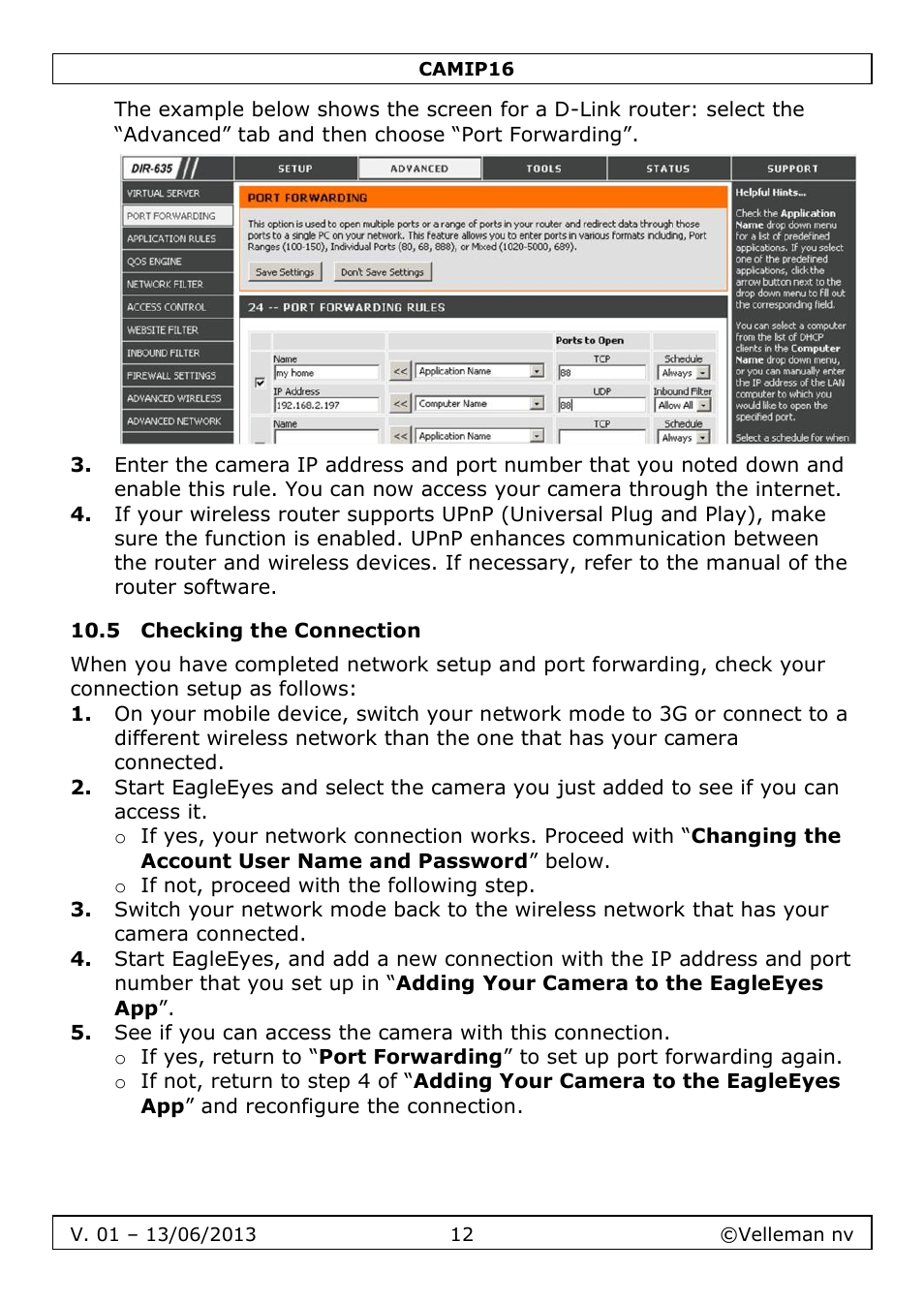 5 checking the connection | Velleman CAMIP16 User manual User Manual | Page 12 / 60