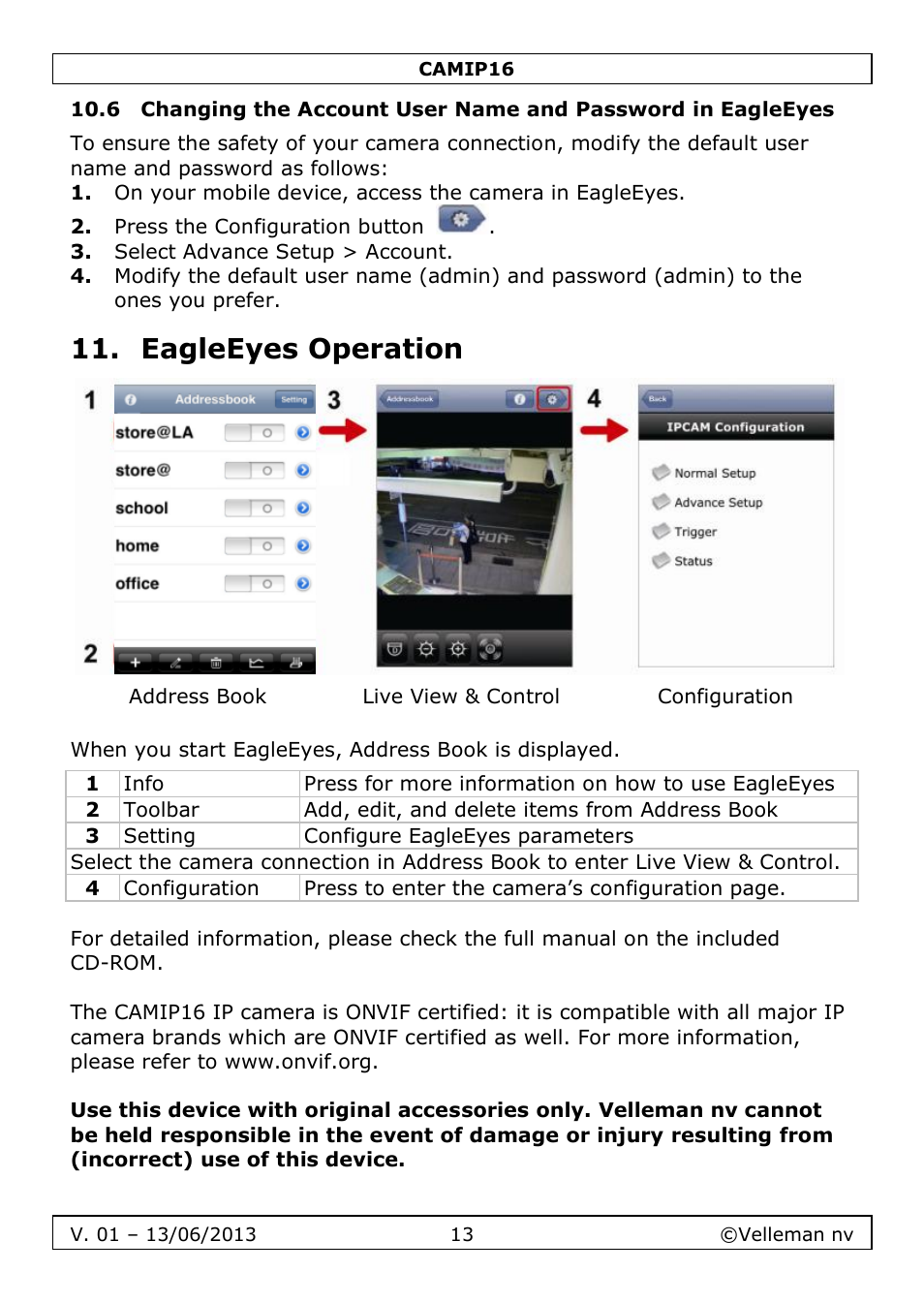 Eagleeyes operation | Velleman CAMIP16 User manual User Manual | Page 13 / 60