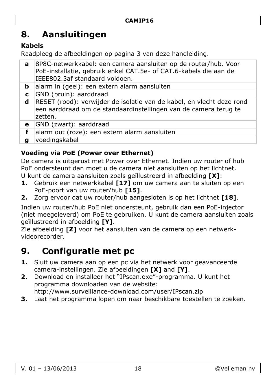 Aansluitingen, Kabels, Voeding via poe (power over ethernet) | Configuratie met pc | Velleman CAMIP16 User manual User Manual | Page 18 / 60