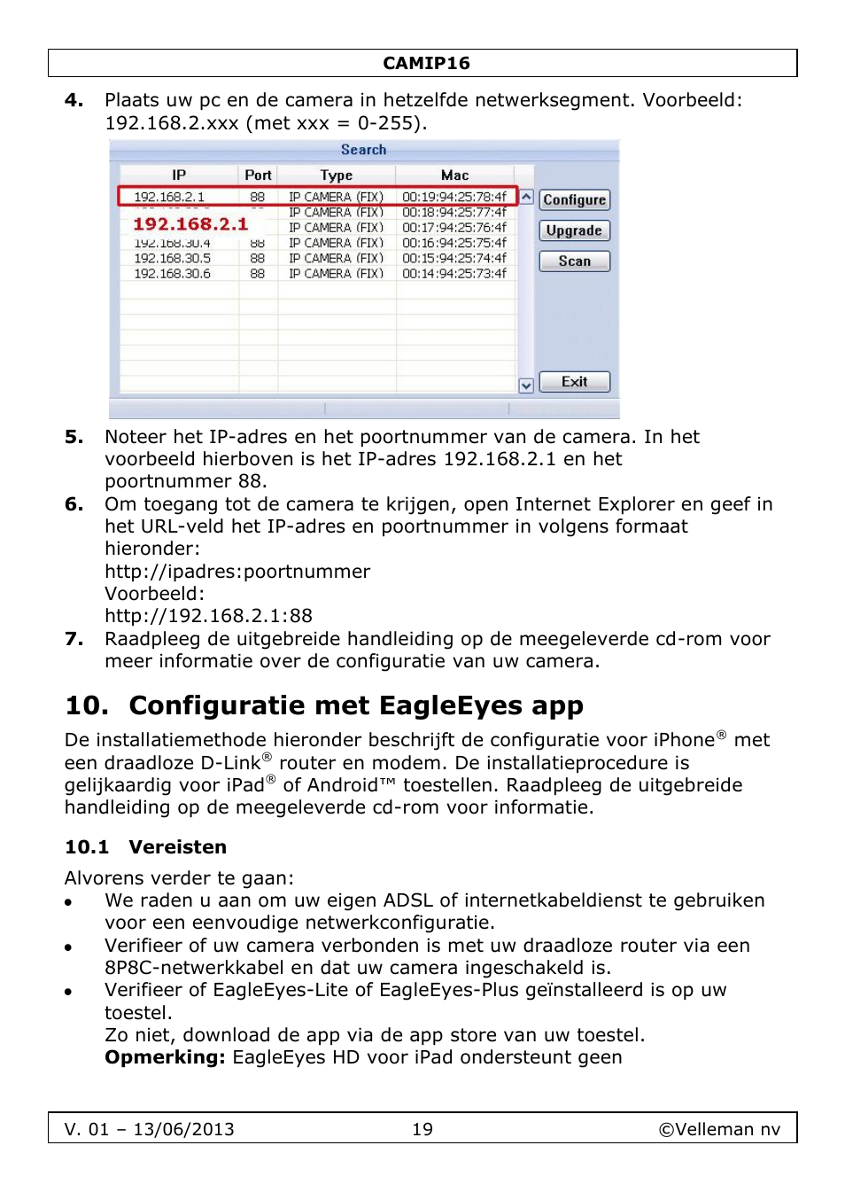 Configuratie met eagleeyes app, 1 vereisten | Velleman CAMIP16 User manual User Manual | Page 19 / 60