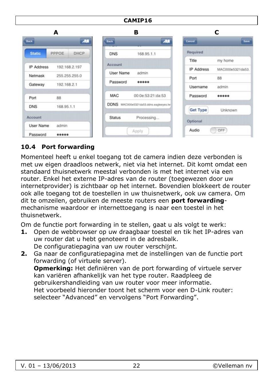 4 port forwarding | Velleman CAMIP16 User manual User Manual | Page 22 / 60