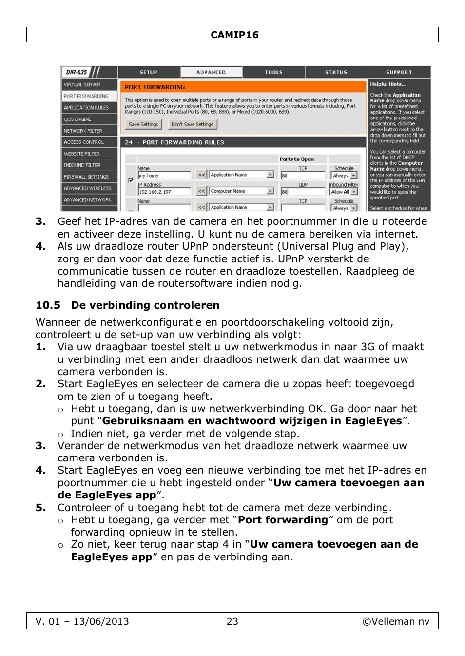 5 de verbinding controleren | Velleman CAMIP16 User manual User Manual | Page 23 / 60